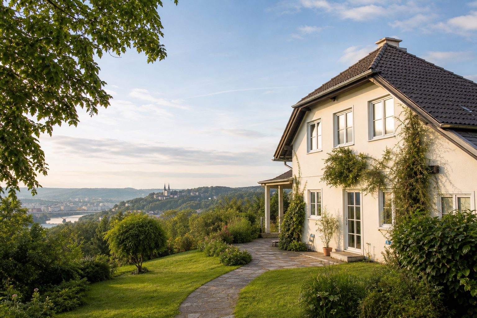 Haus mit Garten und Blick Richtung Linz